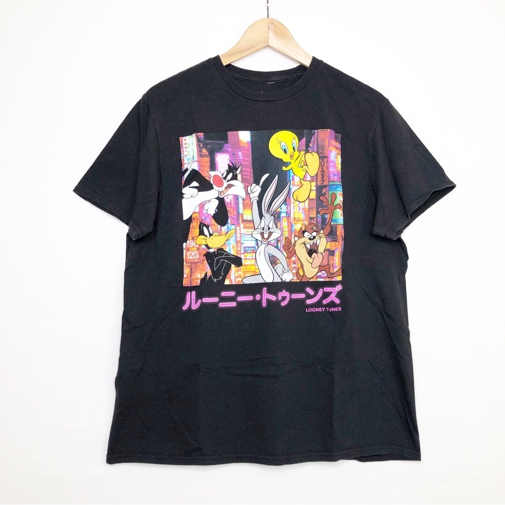 Looney Tunes Black Graphic Tee with Colorful Character Print